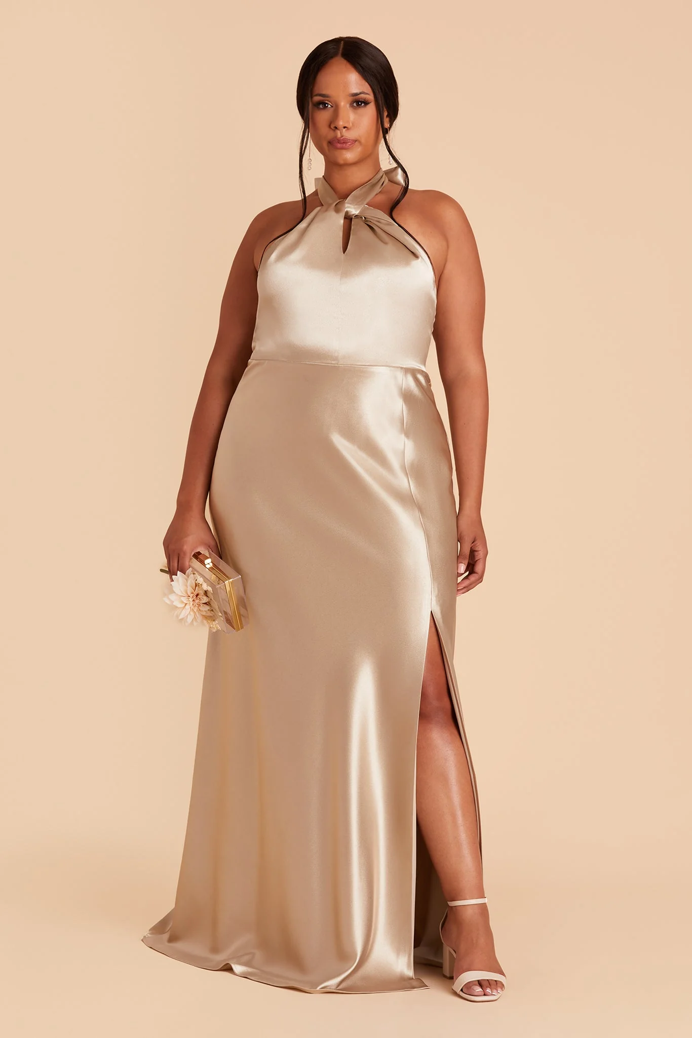 Monica Shiny Satin Dress - Neutral Champagne - Image 8