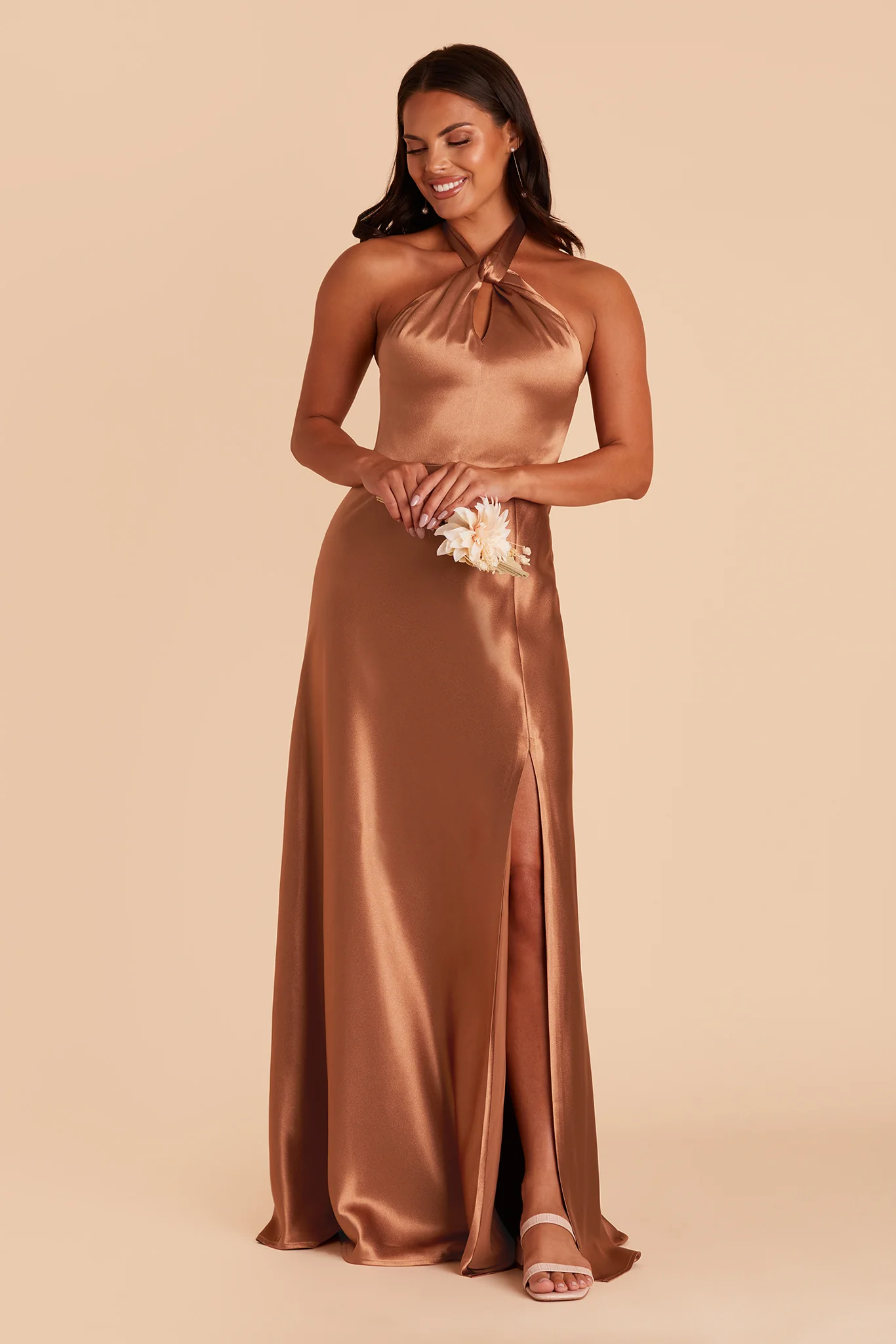 Monica Shiny Satin Dress - Rust
