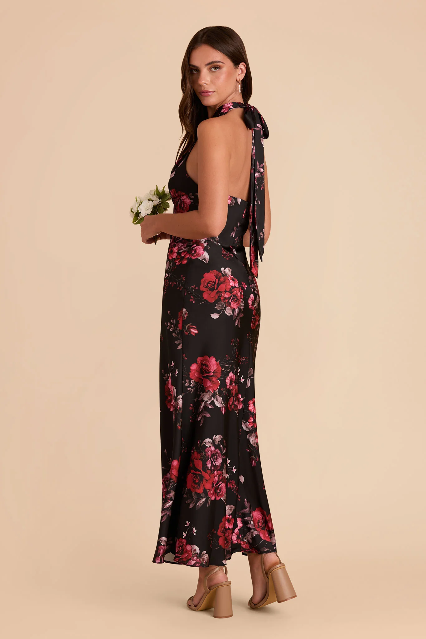 Monique Matte Satin Dress - Black Fleurs D'Amour - Image 3