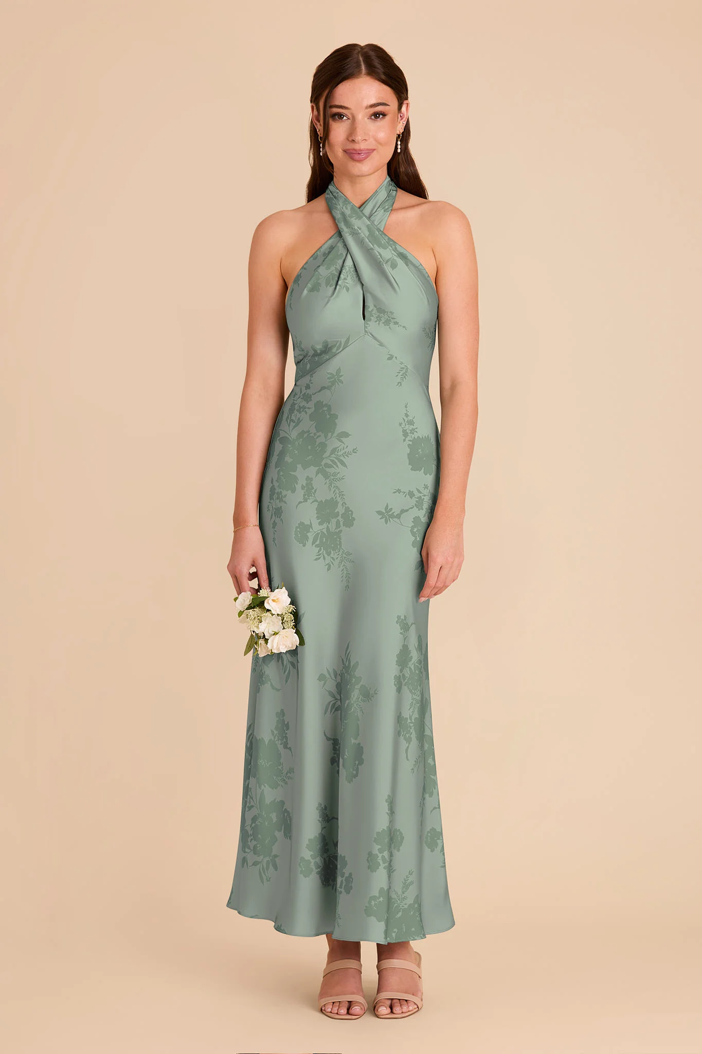 Monique Matte Satin Dress - Sage Whimsical Blooms