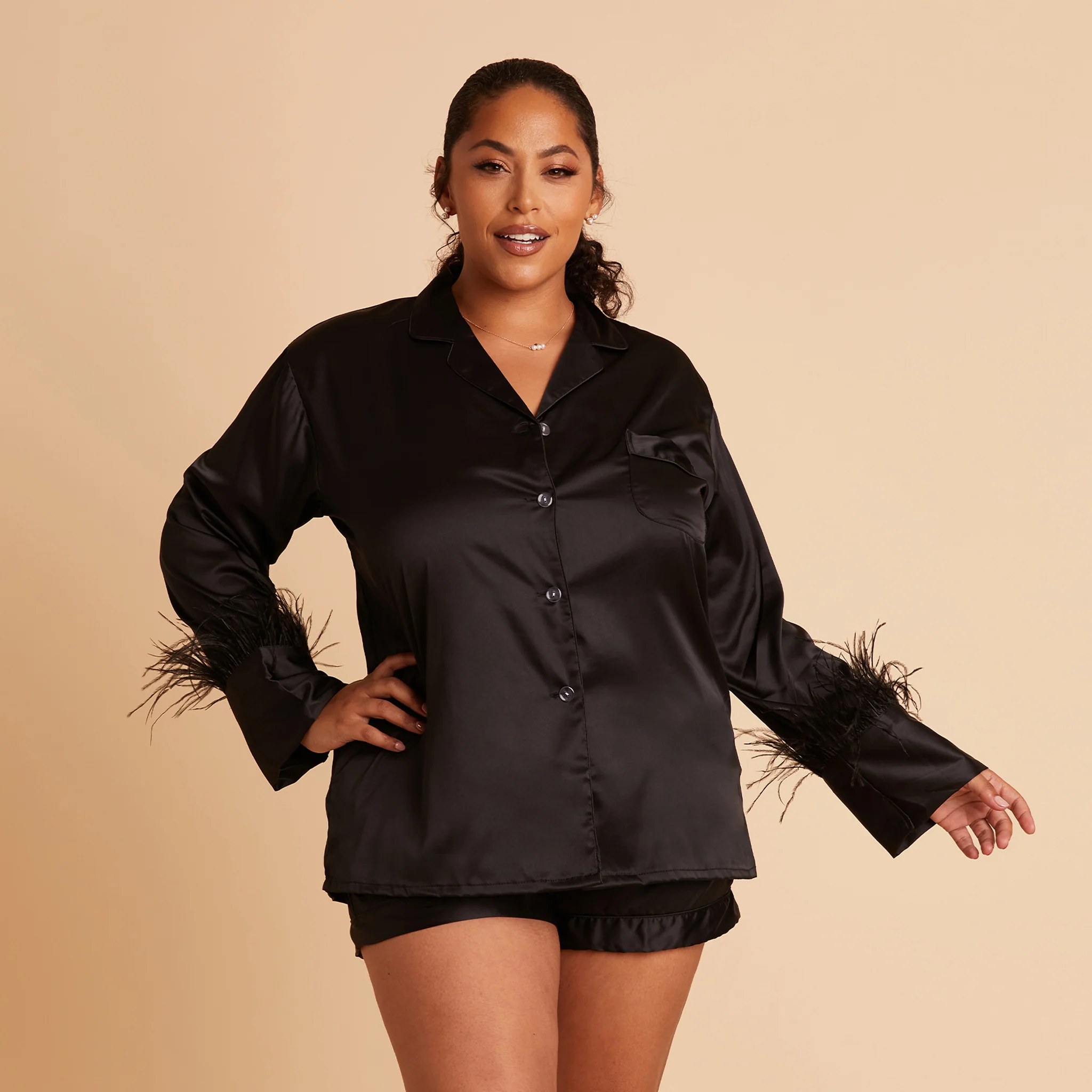Short Satin Feathered Pajama Set - Black - Image 4