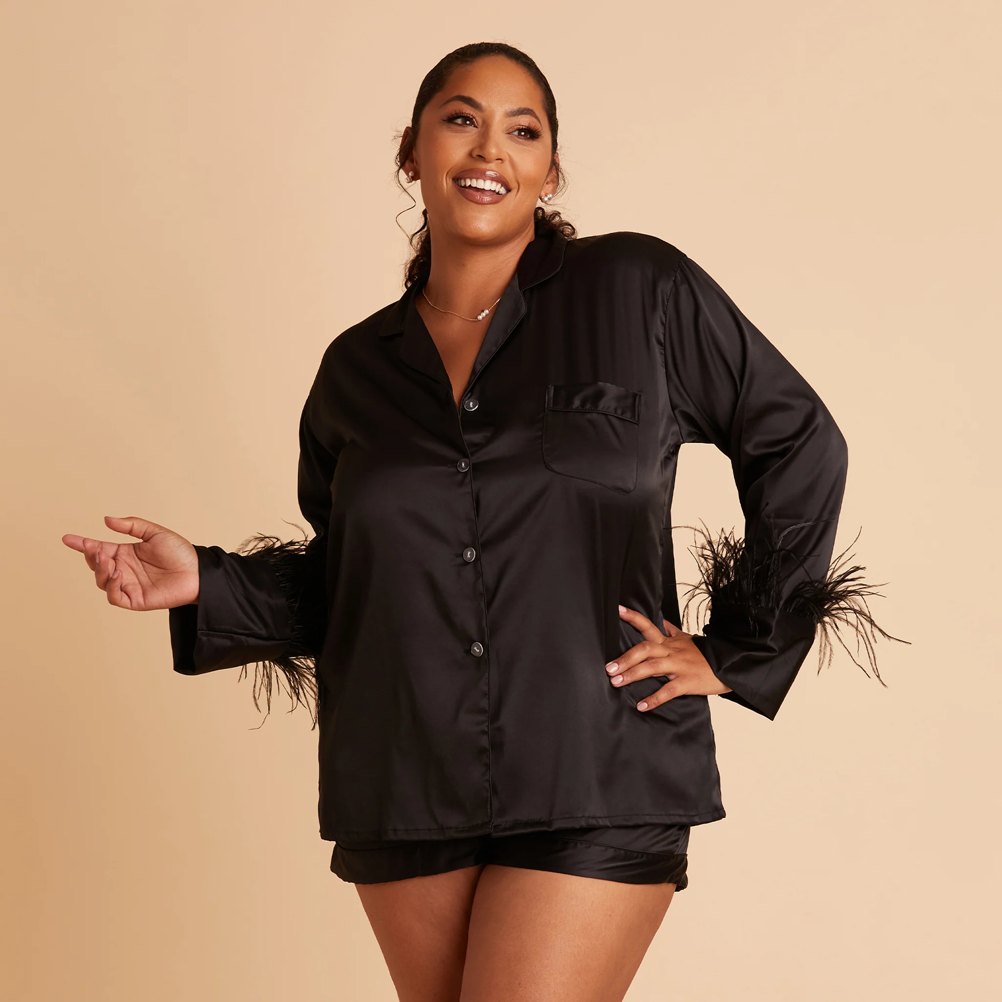 Short Satin Feathered Pajama Set - Black - Image 5
