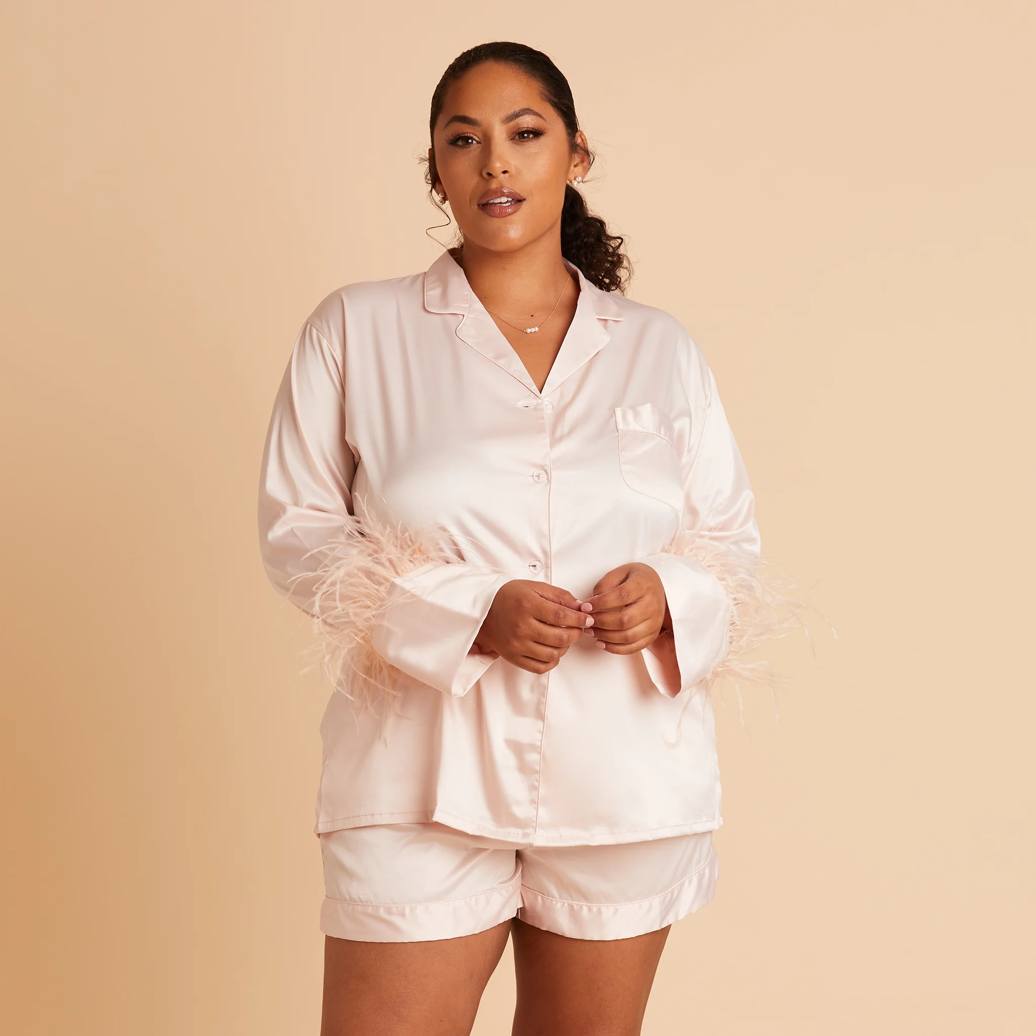 Short Satin Feathered Pajama Set - Blush - Image 3