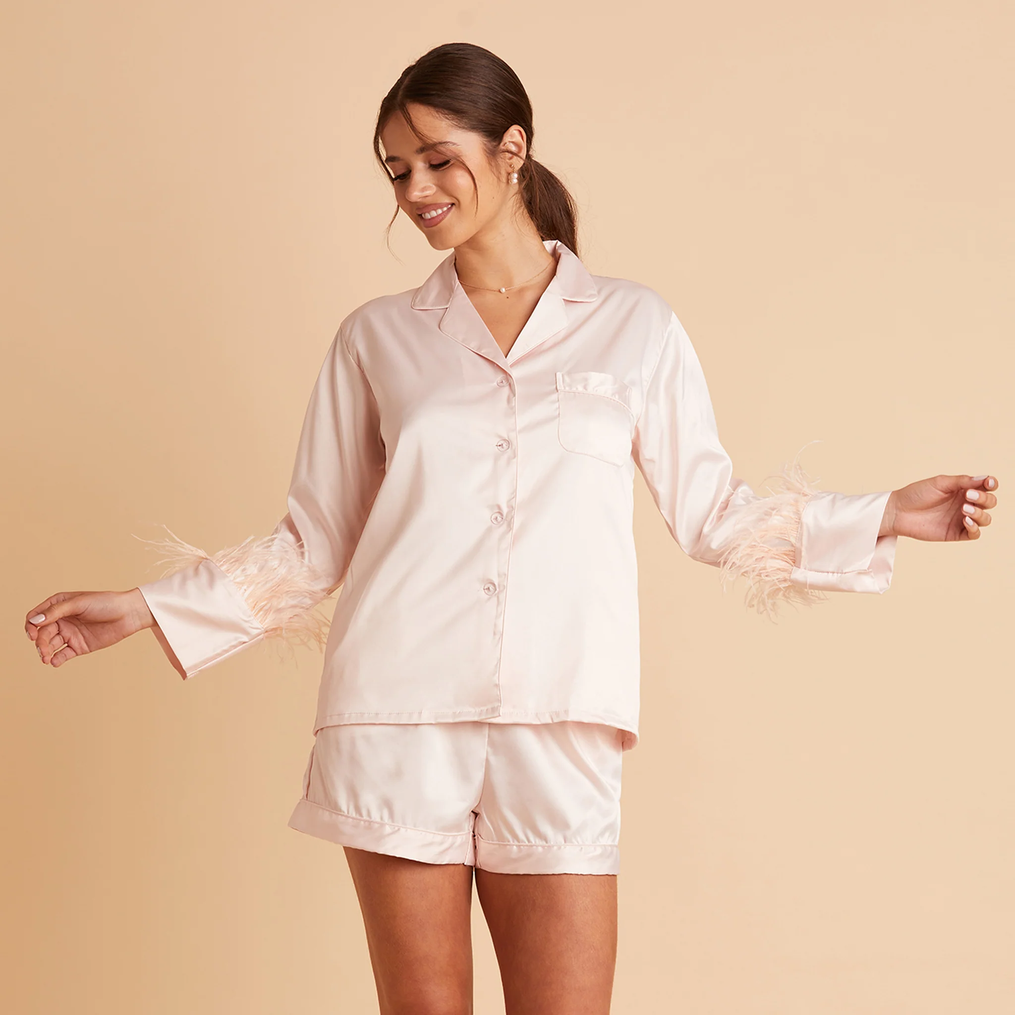Short Satin Feathered Pajama Set - Blush - Image 7