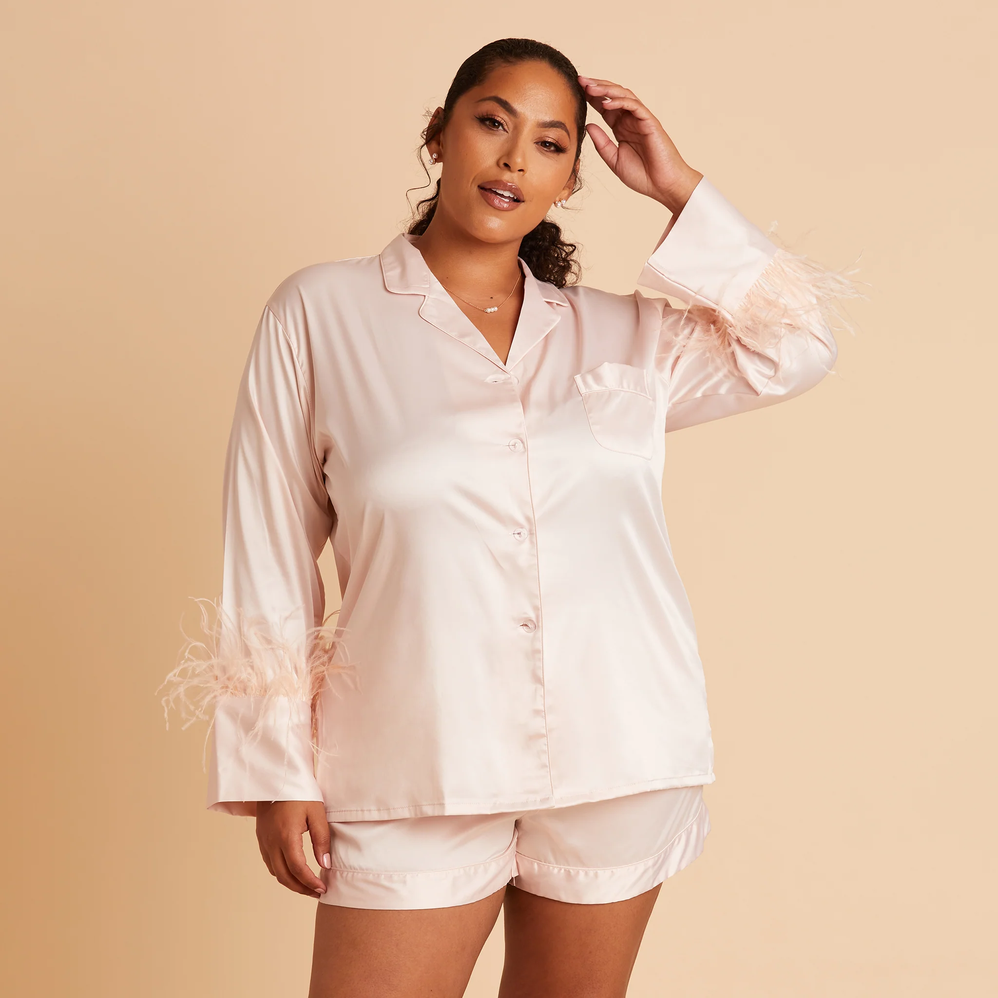 Short Satin Feathered Pajama Set - Blush - Image 9
