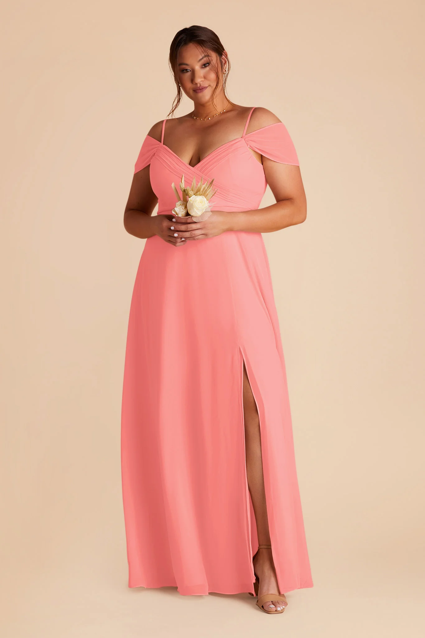 Spence Chiffon Dress With Slit - Coral Pink - Image 7