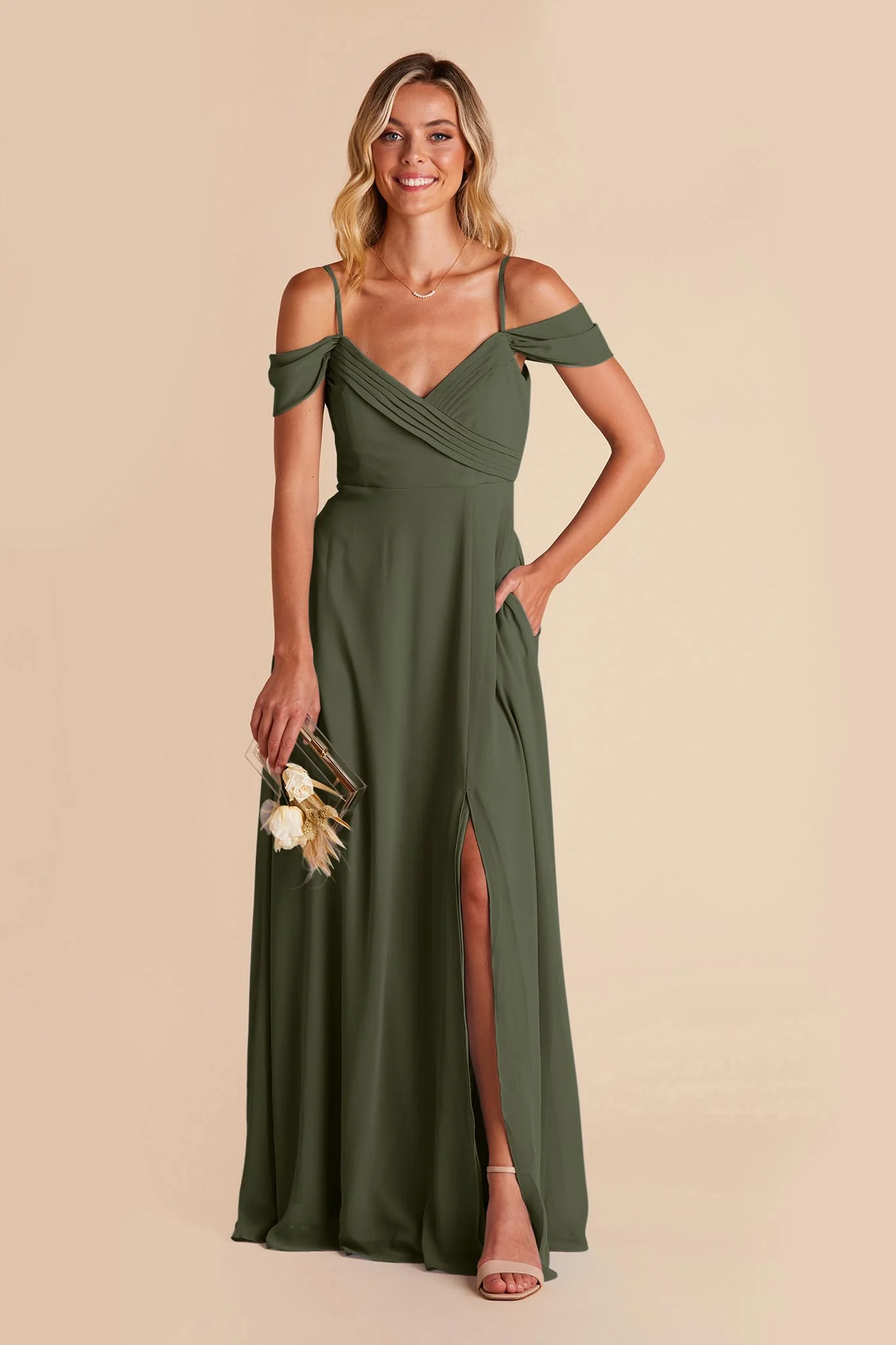 Spence Chiffon Dress With Slit - Olive