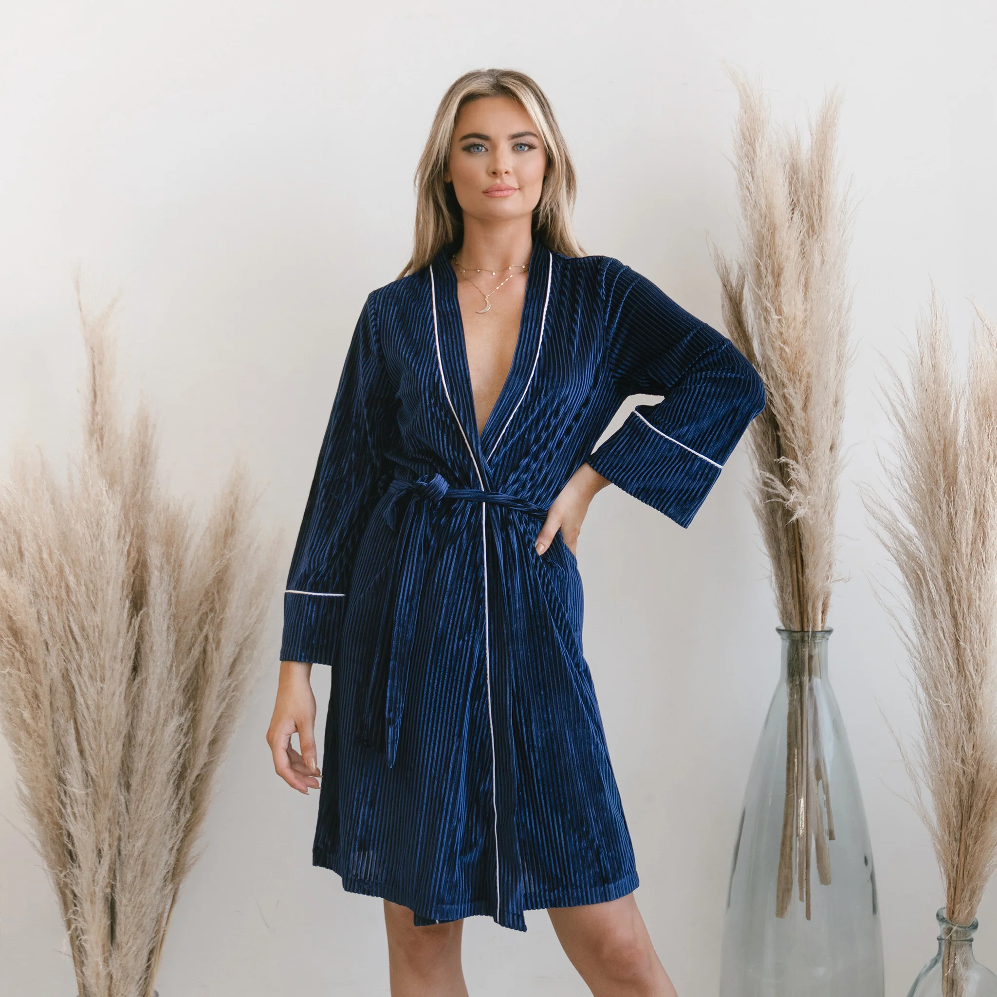 Velvet Ribbed Robe - Navy - Image 2