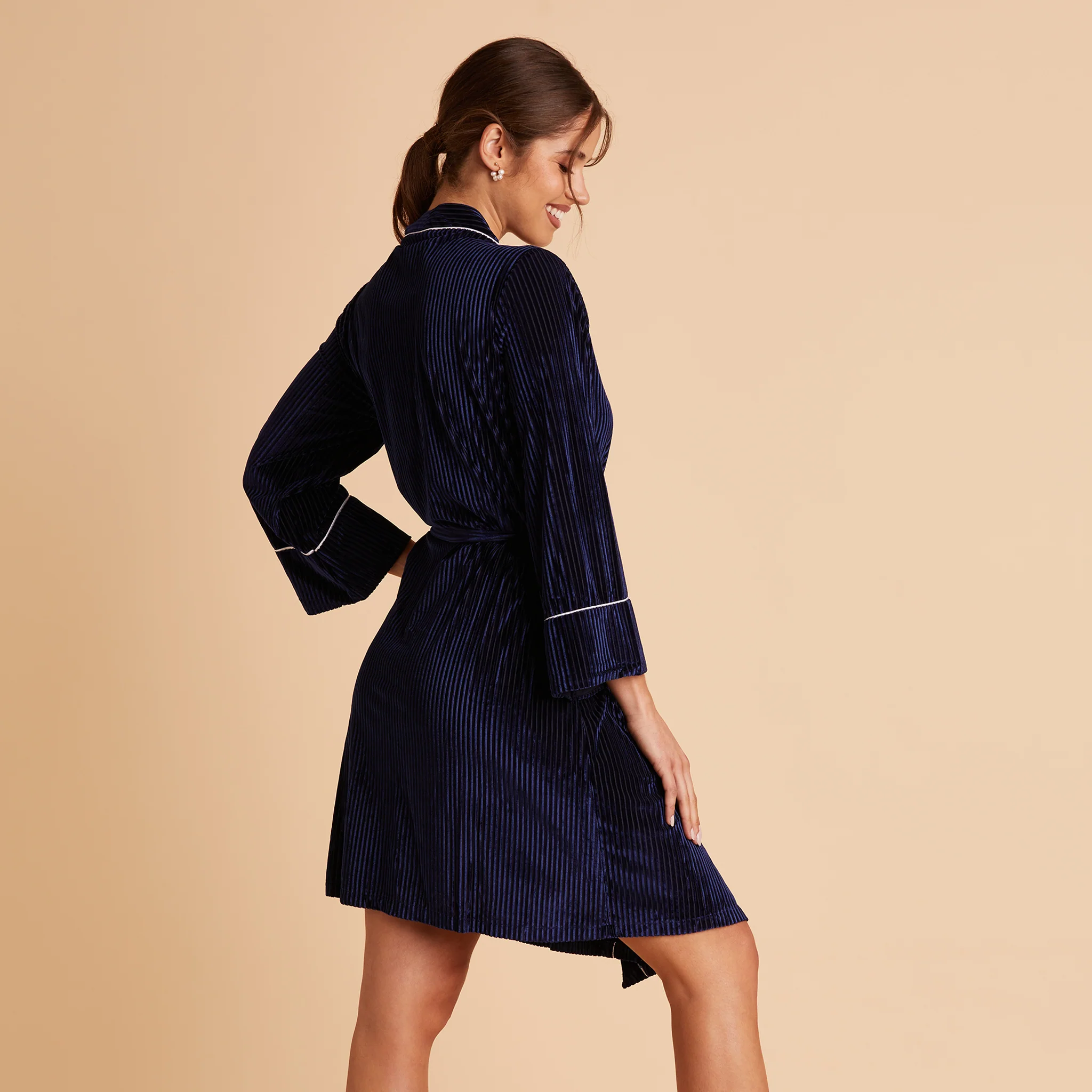 Velvet Ribbed Robe - Navy - Image 3
