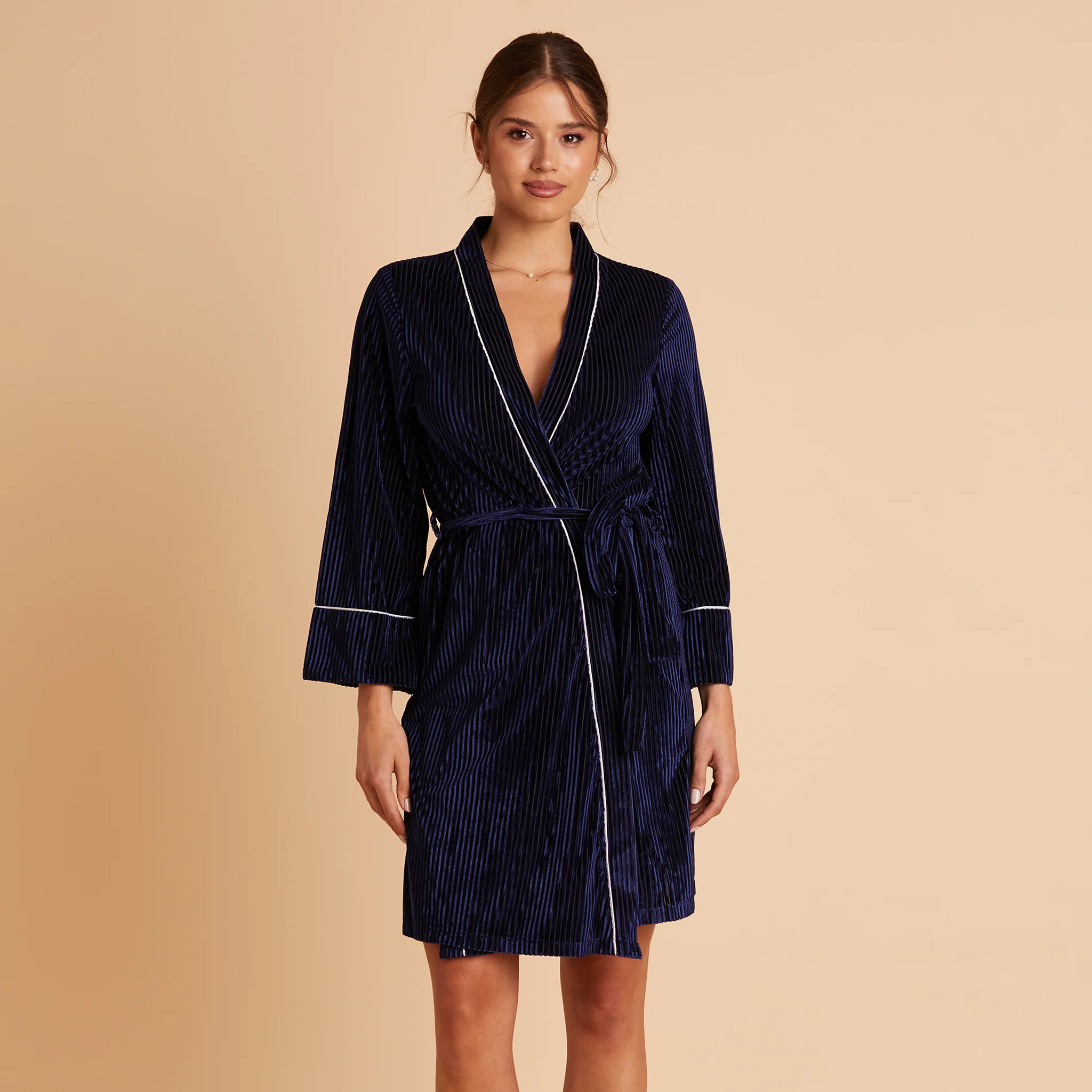 Velvet Ribbed Robe - Navy - Image 4